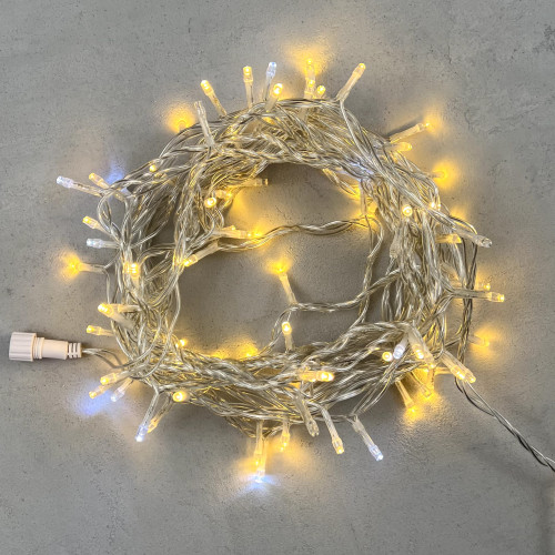 Светодиодная нить 100 теплых белых LED ламп с мерцанием, 10 м., 24В, прозрачный провод ПВХ, LTC (PST100BLW-10-1WW)