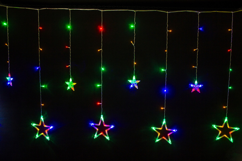 Светодиодная бахрома Звезды 2.5*0.95 м., 220V, 138 разноцветных LED ламп, прозрачный провод, контроллер, Winner (m.02.5T.138.S+)
