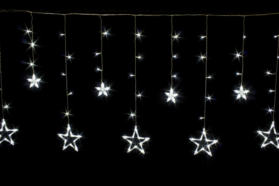 Светодиодная бахрома Звезды 2.5*0.95 м., 220V, 138 холодных белых LED ламп, прозрачный провод, контроллер, Winner (w.02.5Т.138.S+)