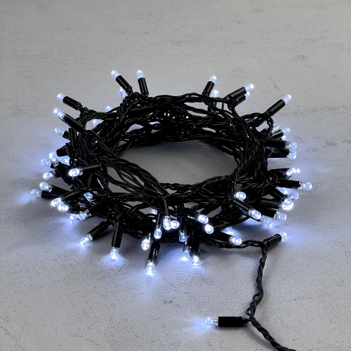 Светодиодная гирлянда с колпачком 100 холодных белых LED ламп 10 м., 24В., черный провод ПВХ, IP65, LTC (PST100CAP-11-1W)