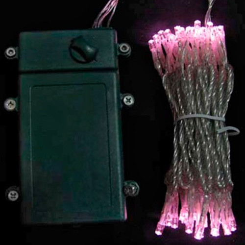 Светодиодная гирлянда 10 м., 3 батарейки типа D 4.5V, 100 LED ламп светло розового цвета, таймер, прозрачный провод, LTC (EST100-4W10-8BP)