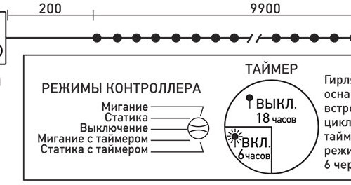 Светодиодная гирлянда 10 м., 3 батарейки типа D 4.5V, 100 LED ламп холодного белого цвета, таймер, прозрачный провод, LTC (EST100-4W10-8W)