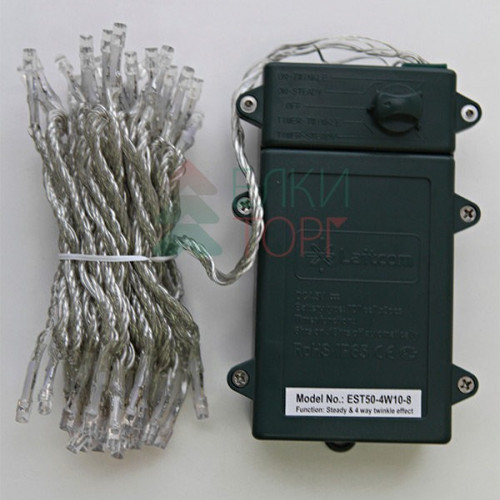 Светодиодная гирлянда 10 м., 3 батарейки типа D 4.5V, 100 LED ламп холодного белого цвета, таймер, прозрачный провод, LTC (EST100-4W10-8W)