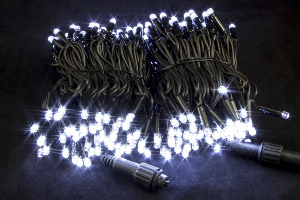 Светодиодная нить с мерцающим диодом 20 м., 200 холодных белых LED, черный каучук, IP 65, соединяемая, Winner (w.01.7B.200.F+)