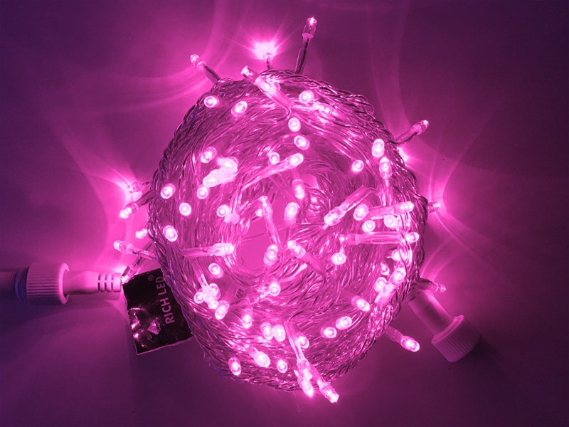 Светодиодная нить с мерцанием 10 м., 220V, 100 розовых LED ламп, прозрачный ПВХ провод, Rich LED (RL-S10CF-220V-T/P)