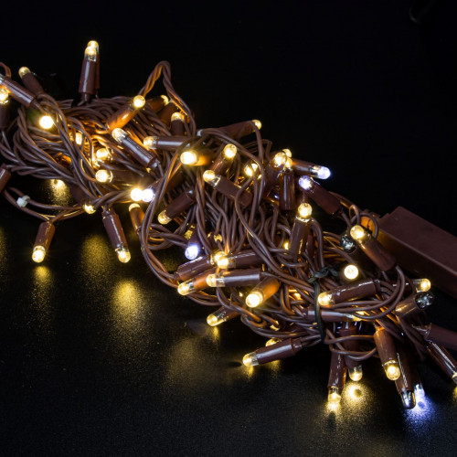 Светодиодная нить 100 теплых белых LED ламп, 10 м., 24В, мерцание, коричневый провод ПВХ, Teamprof (TPF-S10CF-24V-CBz/WW)