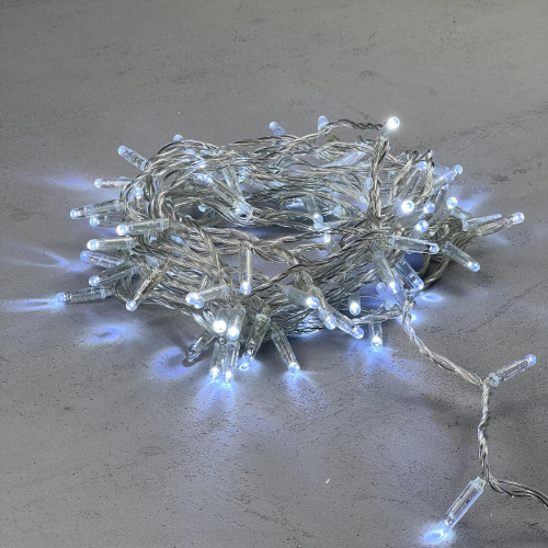 Светодиодная гирлянда с колпачком 100 холодных белых LED ламп 10 м., мерцание, 24В., прозрачный провод ПВХ, IP65, LTC (PST100BLWCAP-10-1W)