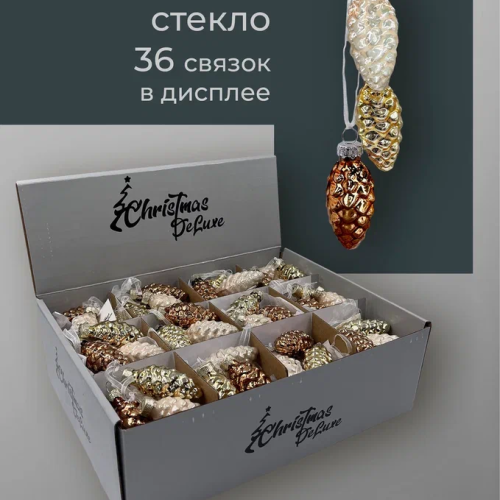 Набор стеклянных украшений Гроздь Шишек, 3 шт., 6 см., шампань, бронза, молочный, Christmas DeLuxe (89874)