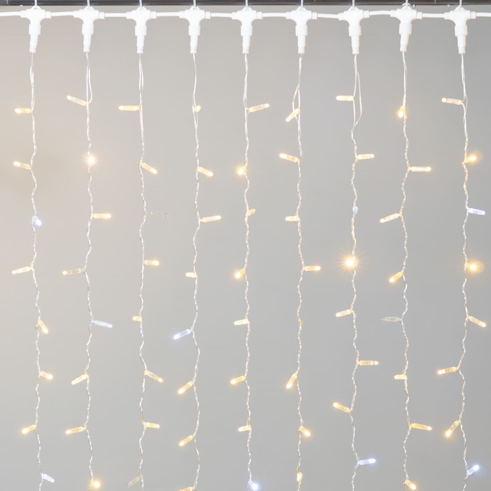 Светодиодный занавес с колпачком 2*3 м., 600 теплых белых LED ламп, с мерцанием белого диода, 220В., прозрачный провод ПВХ, IP65, LTC (PCL602BLWCAP-10-2WW)