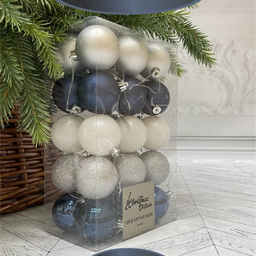 Набор пластиковых шаров  Толледо 60 мм., белый-синий-серебро, 30 шт., Christmas DeLuxe (89770)