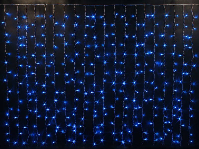Светодиодный облегченный занавес 2*1.5 м., 220V, 300 синих LED ламп, прозрачный ПВХ провод, Rich LED (RL-CS2*1.5-T/B)