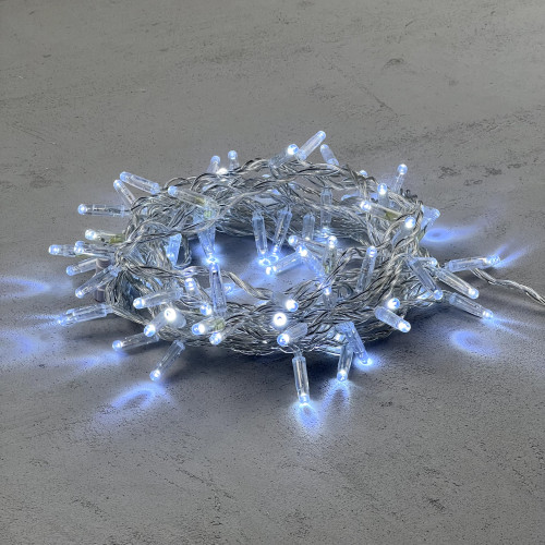 Светодиодная гирлянда с колпачком 100 холодных белых LED ламп 10 м., 220-230 В., прозрачный провод ПВХ, IP65, LTC (PST100CAP-10-2W)
