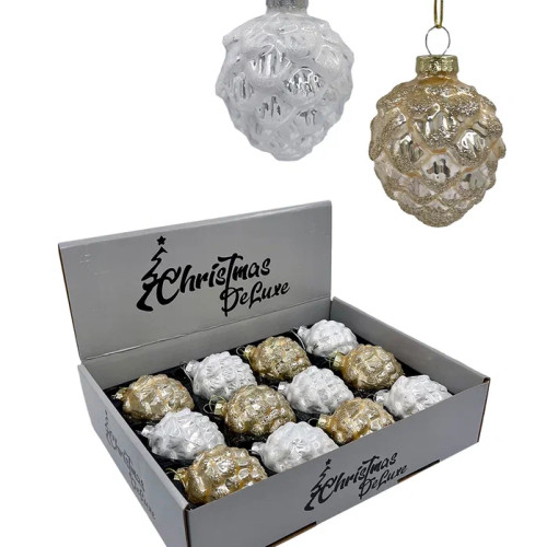 Набор стеклянных кедровых шишек 7 см., 12 шт., белый/шампань, Christmas DeLuxe (14724)