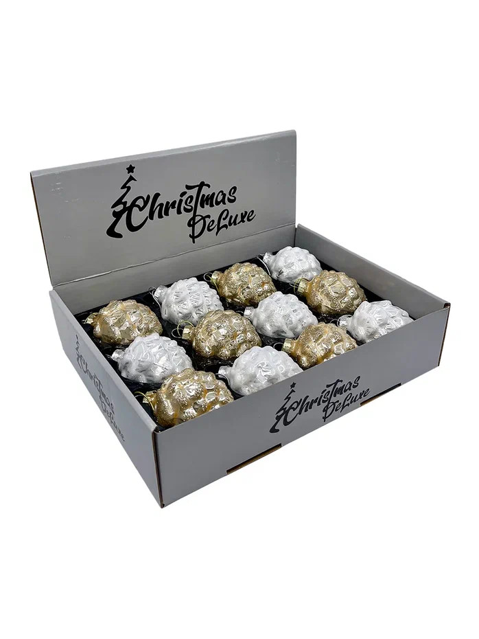 Набор стеклянных кедровых шишек 7 см., 12 шт., белый/шампань, Christmas DeLuxe (14724)
