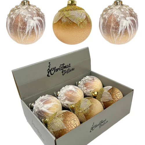 Набор винтажных стеклянных шаров Райский сад  100 мм., песочный, 6 шт., Christmas DeLuxe (14036)