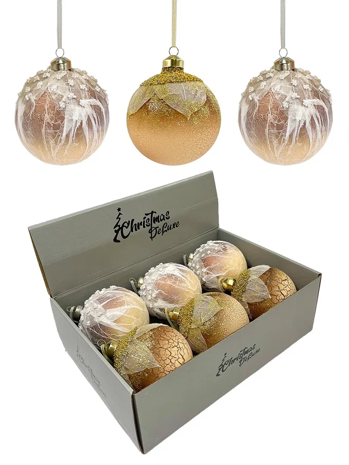 Набор винтажных стеклянных шаров Райский сад  100 мм., песочный, 6 шт., Christmas DeLuxe (14036)