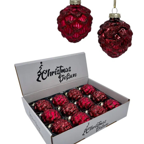 Набор стеклянных кедровых шишек 7 см., 12 шт., бордо, Christmas DeLuxe (14726)