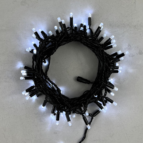 Светодиодная гирлянда с колпачком 100 холодных белых LED ламп 10 м., 220-230 В., черный провод ПВХ, IP65, LTC (PST100CAP-11-2W)