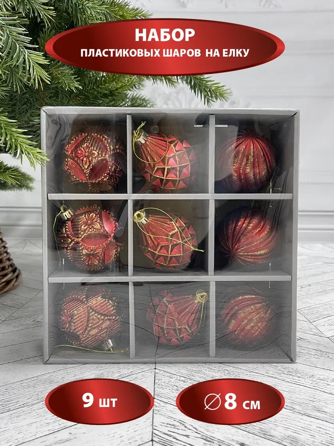 Набор пластиковых шаров Рандеву 80 мм., 9 шт., красный с золотом, Christmas DeLuxe (87799)