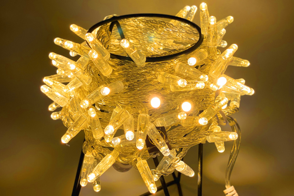 Светодиодная нить 100 желтых LED ламп, 10 м., 24В, статика, прозрачный провод ПВХ, Teamprof (TPF-S10C-24V-CT/Y)