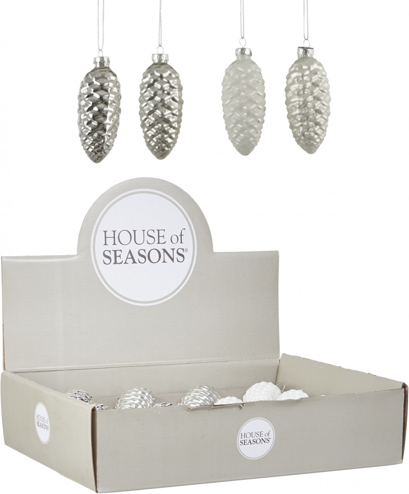 Набор стеклянных шишек Клад Белки 12 шт, серебро и белый, House of seasons (84011-86463)