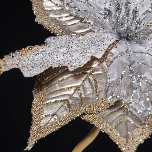 Декоративный цветок Пуансеттия 24х20 см., платина с серебром, на клипсе, Christmas DeLuxe (88921)